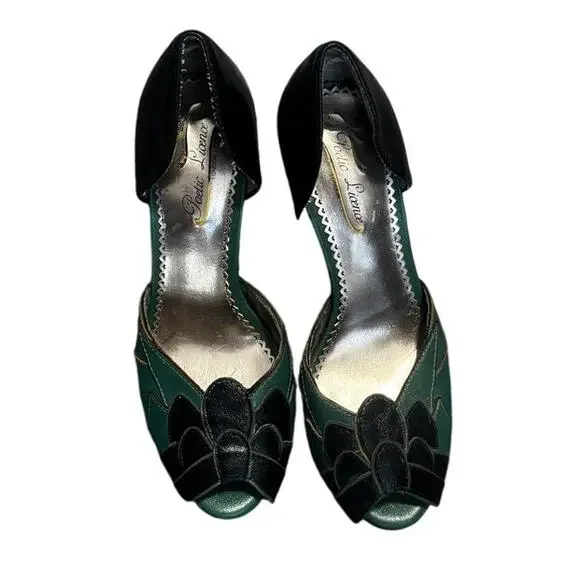 Poetic Licence London Green & Black Leather Peep Toe Heels (EUR 36.5 / US 6) - Picture 2 of 8
